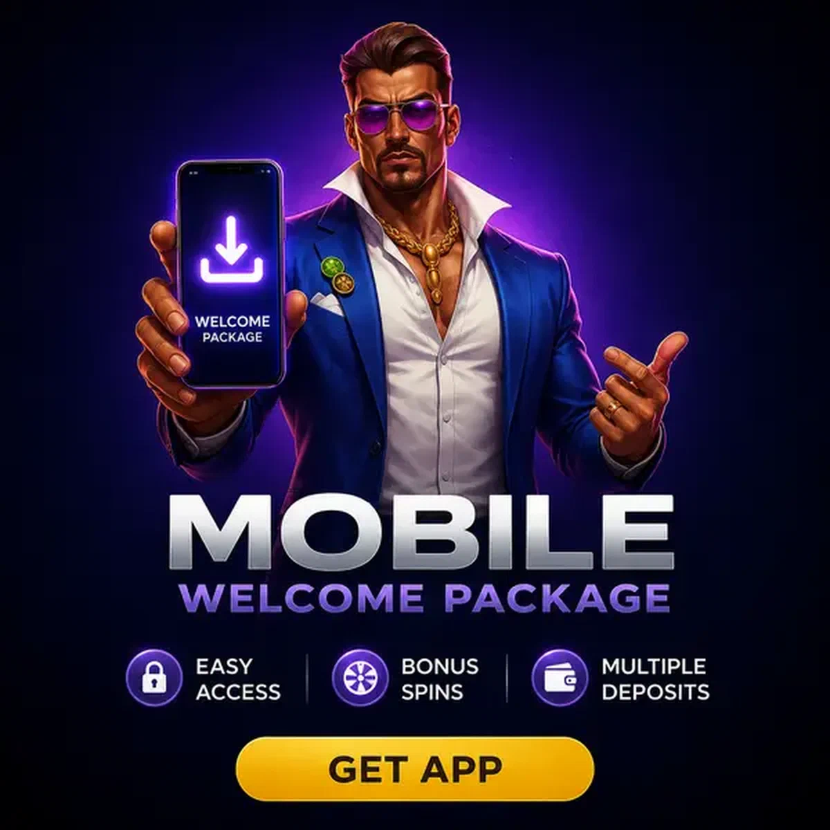 Prize Fighter trzymający smartfon wyświetlający ekran pobierania aplikacji z pakietem powitalnym mobilnym