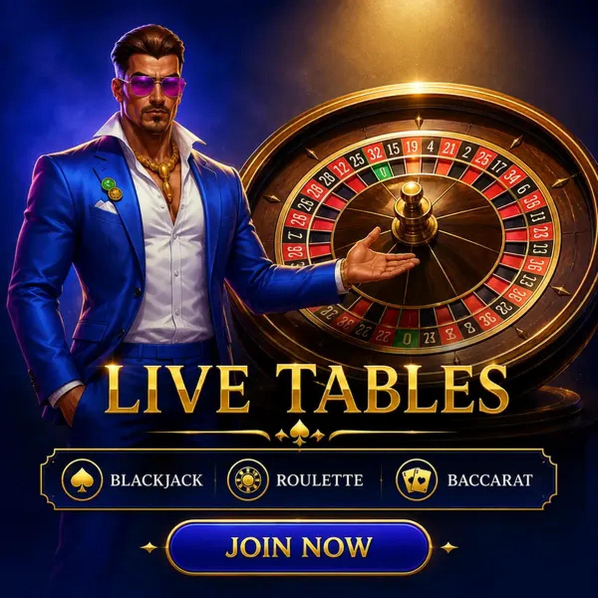 Prize Fighter gestykulujący pewnie przy kole ruletki live casino z królewskim niebieskim tłem